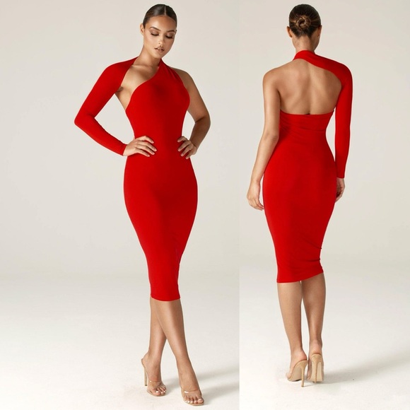 Alieva Modern One Shoulder Midi DressRed Sz XS